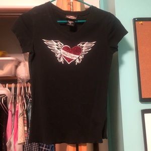 Harley Davison tee shirt, heart with wings.